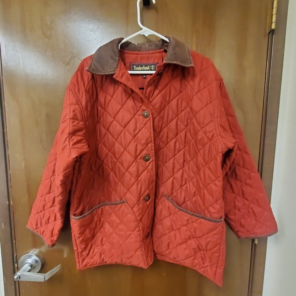 Timberland Women's Medium Quilted Weather Gear Jacket Red Coat w/Leather Trim